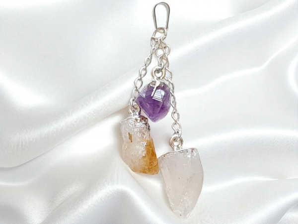 pendentif 3 pointes améthyste cristal de roche et citrine